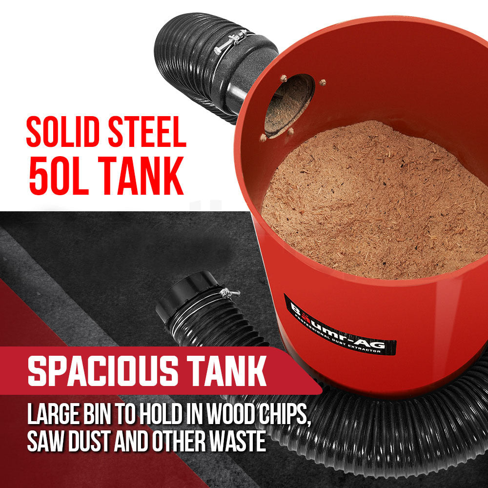 Portable 1.1 kW Dust Collector with 2m Hose and 50L Tank for Workshops