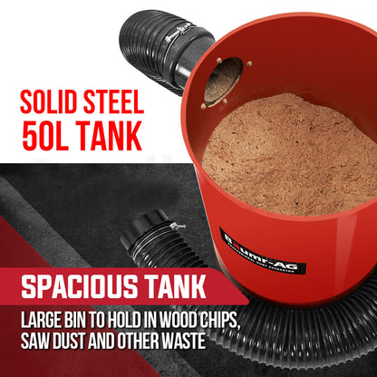 Portable 1.1 kW Dust Collector with 2m Hose and 50L Tank for Workshops