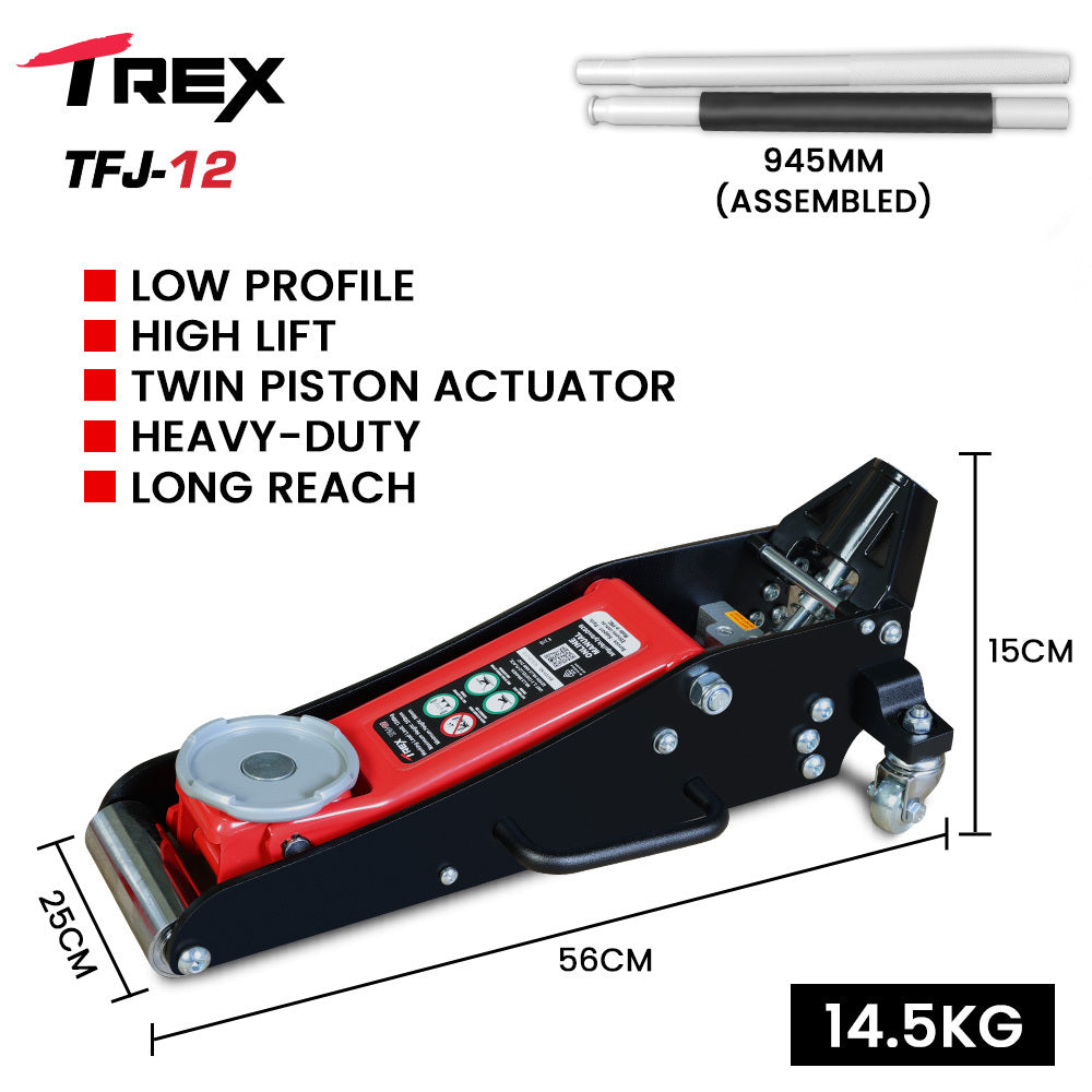 1.2 Tonne Low-Profile Hydraulic Floor Jack, Dual Pump, Quick Release Handle