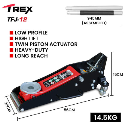1.2 Tonne Low-Profile Hydraulic Floor Jack, Dual Pump, Quick Release Handle