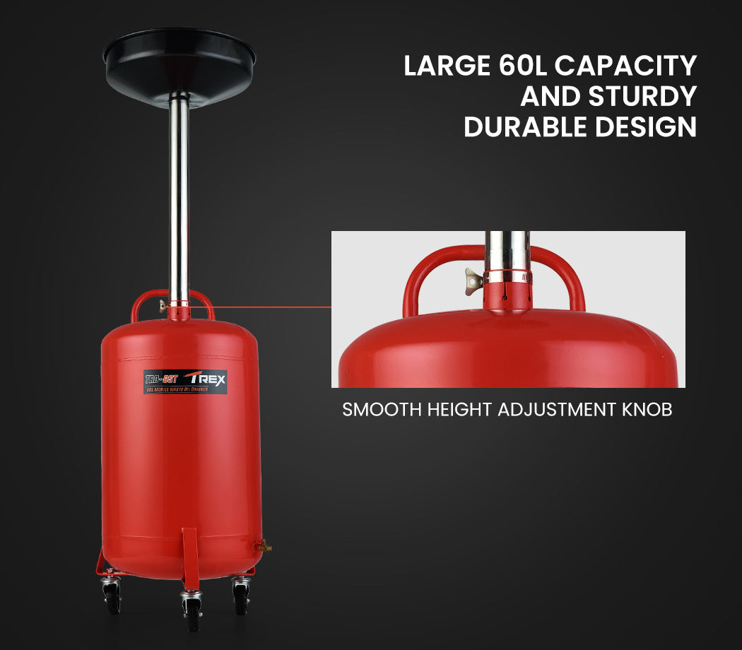 60L Mobile Waste Oil Drainer Tank with Telescopic Shaft for Workshop Use