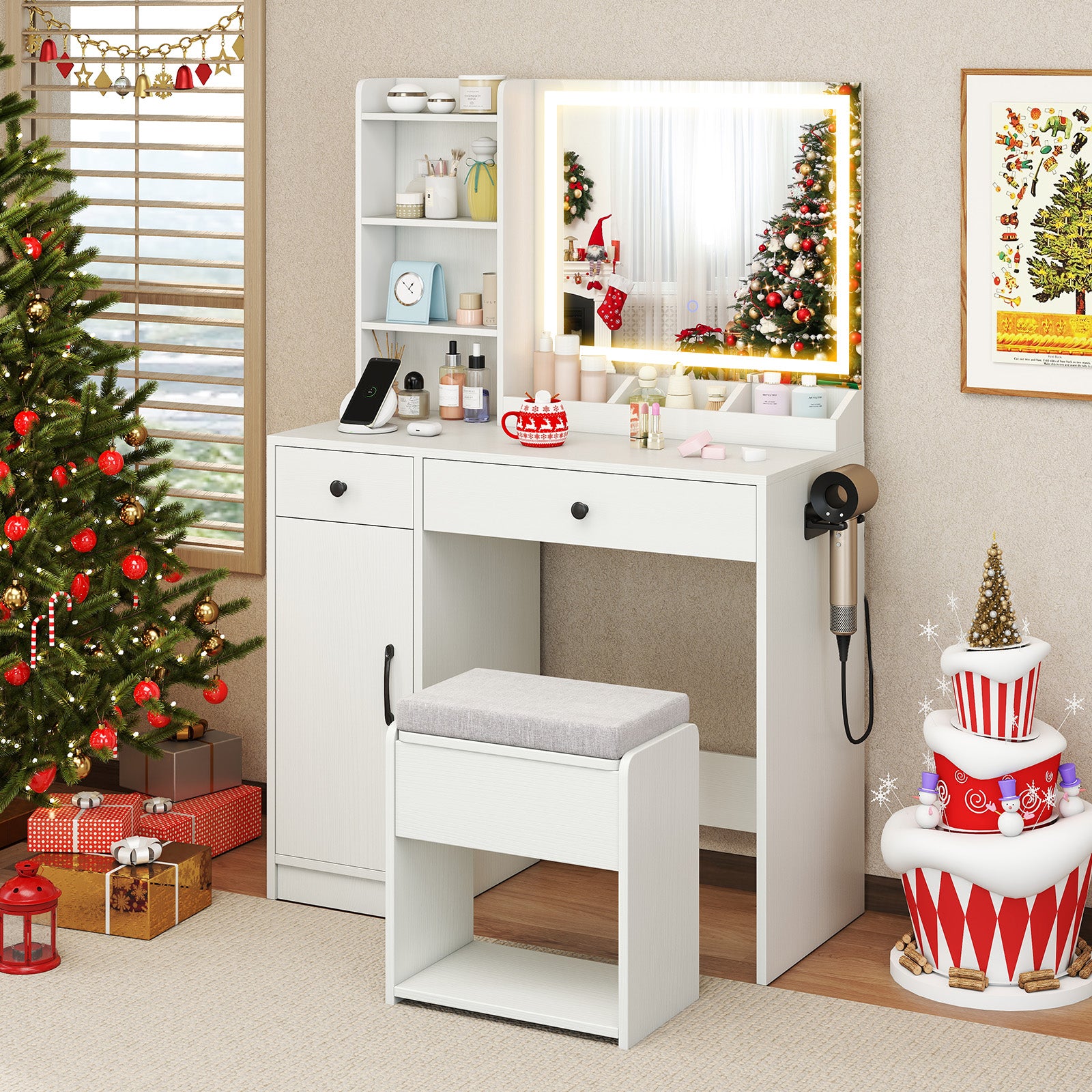 Vanity Desk with LED Lighted Mirror and Storage Stool for Bedroom-White