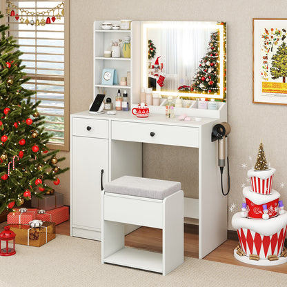 Vanity Desk with LED Lighted Mirror and Storage Stool for Bedroom-White