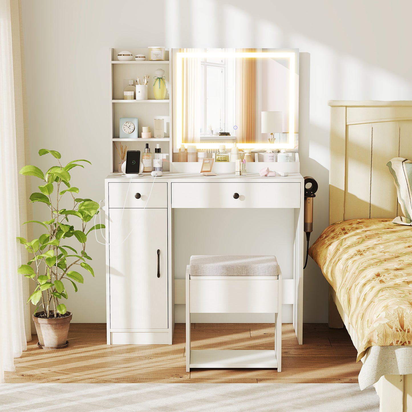 Vanity Desk with LED Lighted Mirror and Storage Stool for Bedroom-White