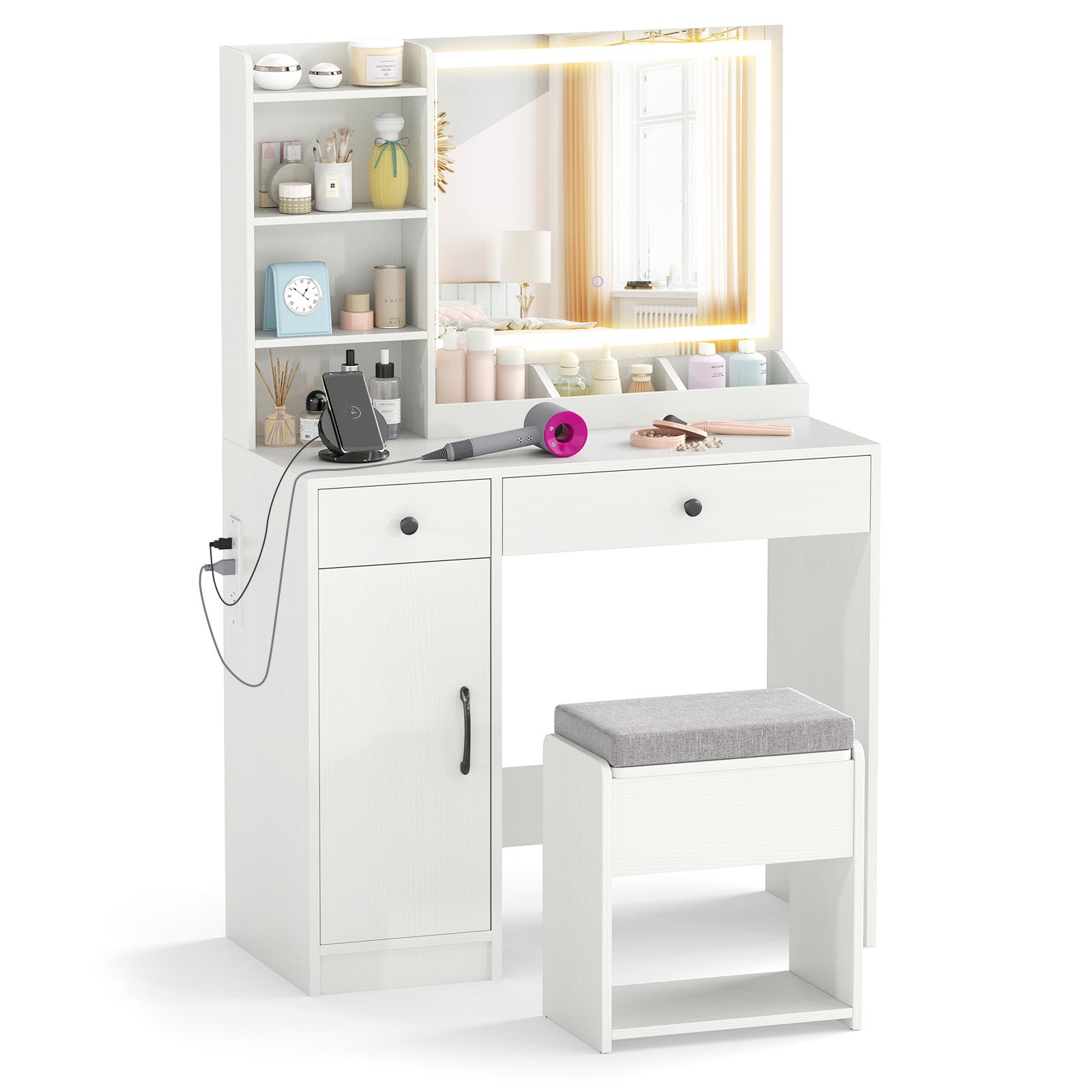 Vanity Desk with LED Lighted Mirror and Storage Stool for Bedroom-White
