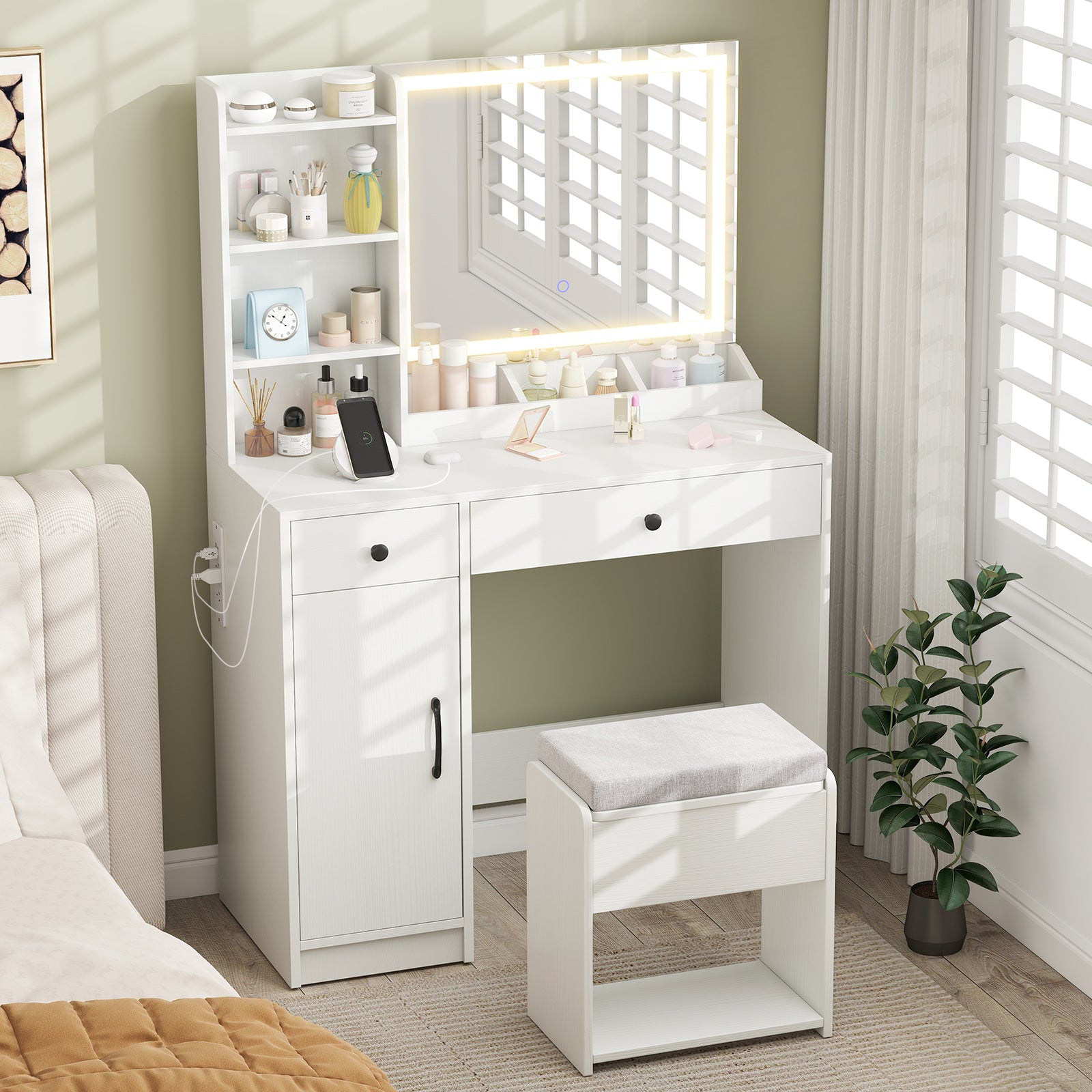 Vanity Desk with LED Lighted Mirror and Storage Stool for Bedroom-White