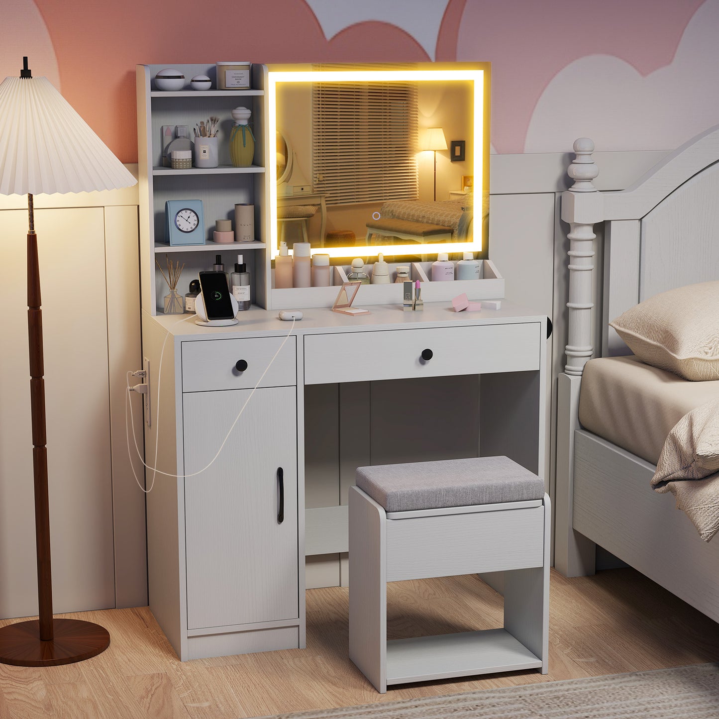 Vanity Desk with LED Lighted Mirror and Storage Stool for Bedroom-White