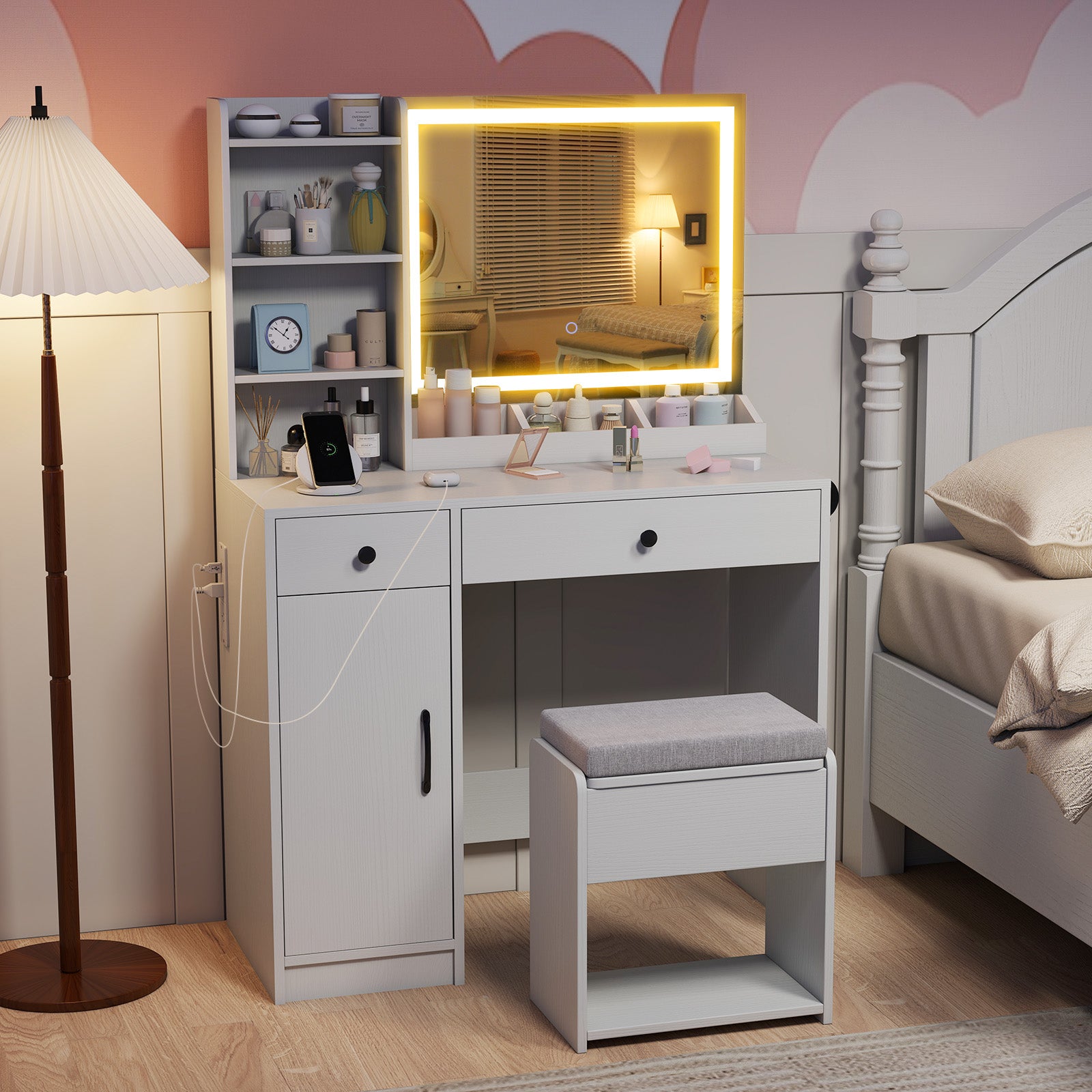 Vanity Desk with LED Lighted Mirror and Storage Stool for Bedroom-White