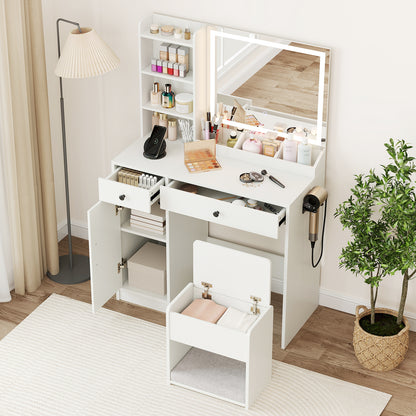 Vanity Desk with LED Lighted Mirror and Storage Stool for Bedroom-White