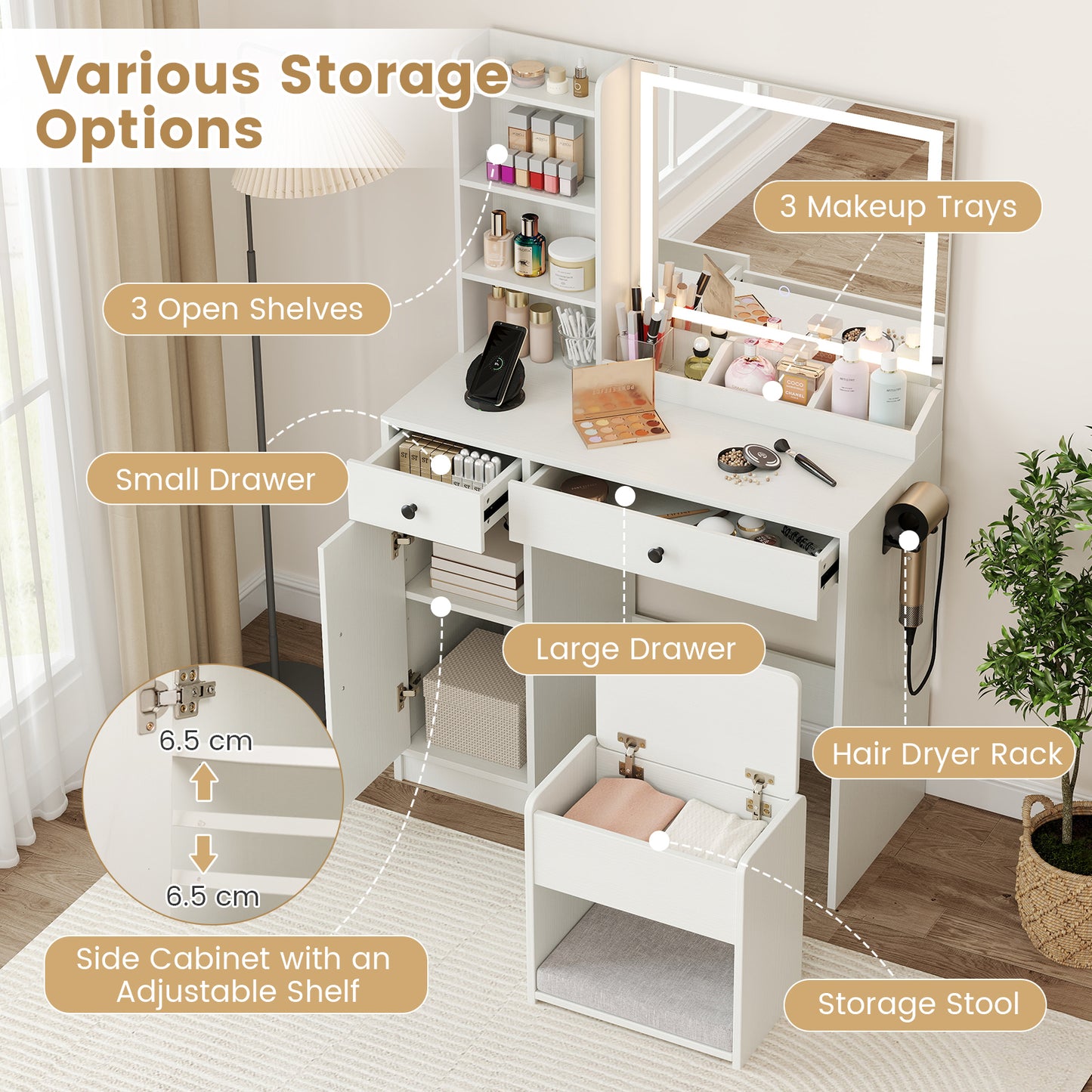 Vanity Desk with LED Lighted Mirror and Storage Stool for Bedroom-White