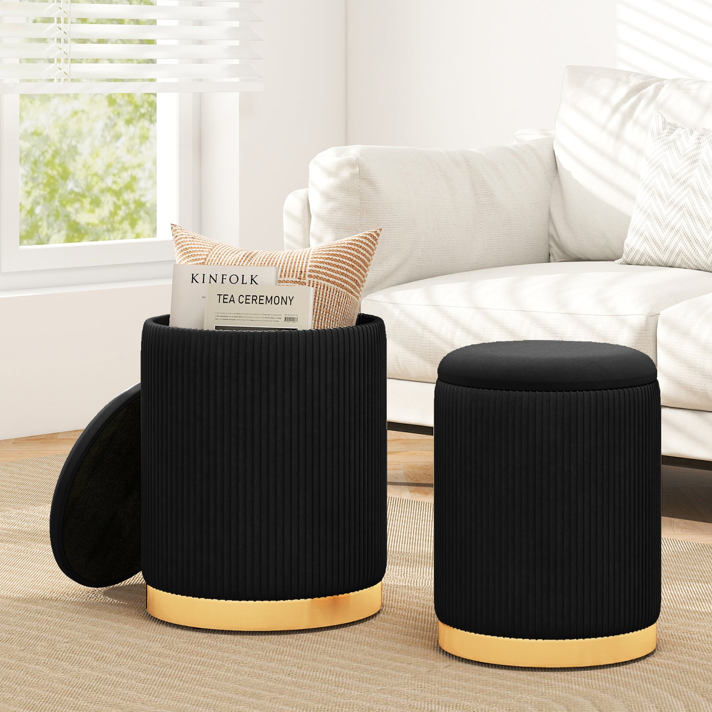Velvet Storage Ottoman Set of 2 Modern Round Ottoman-Black