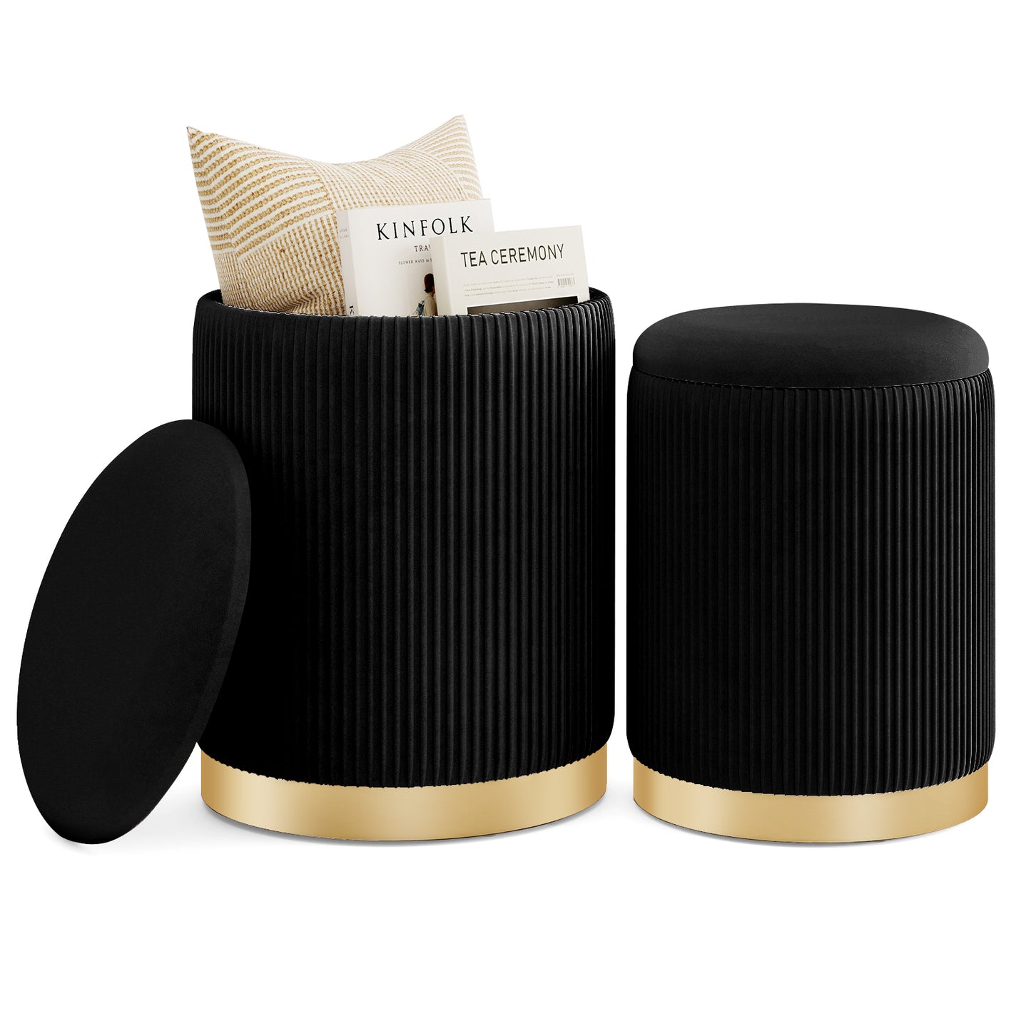 Velvet Storage Ottoman Set of 2 Modern Round Ottoman-Black