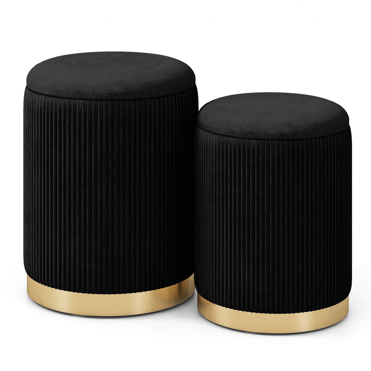 Velvet Storage Ottoman Set of 2 Modern Round Ottoman-Black