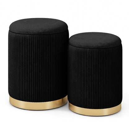 Velvet Storage Ottoman Set of 2 Modern Round Ottoman-Black