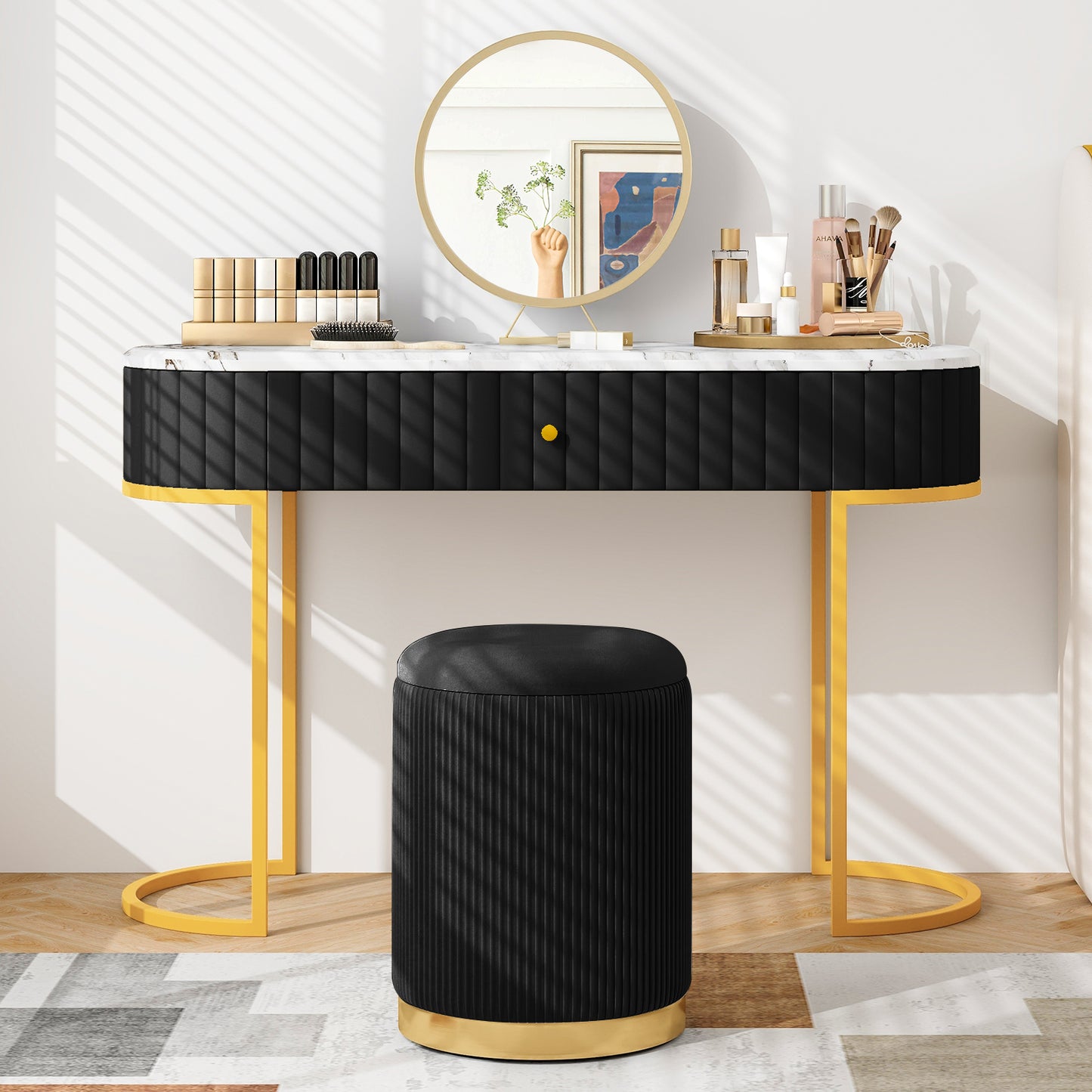 Velvet Storage Ottoman Set of 2 Modern Round Ottoman-Black