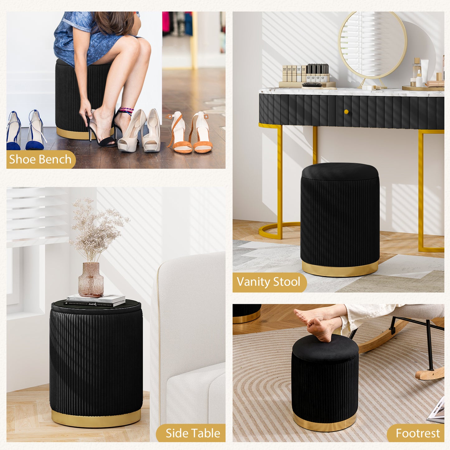 Velvet Storage Ottoman Set of 2 Modern Round Ottoman-Black