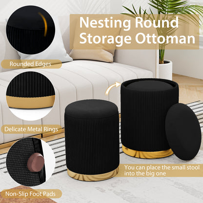 Velvet Storage Ottoman Set of 2 Modern Round Ottoman-Black