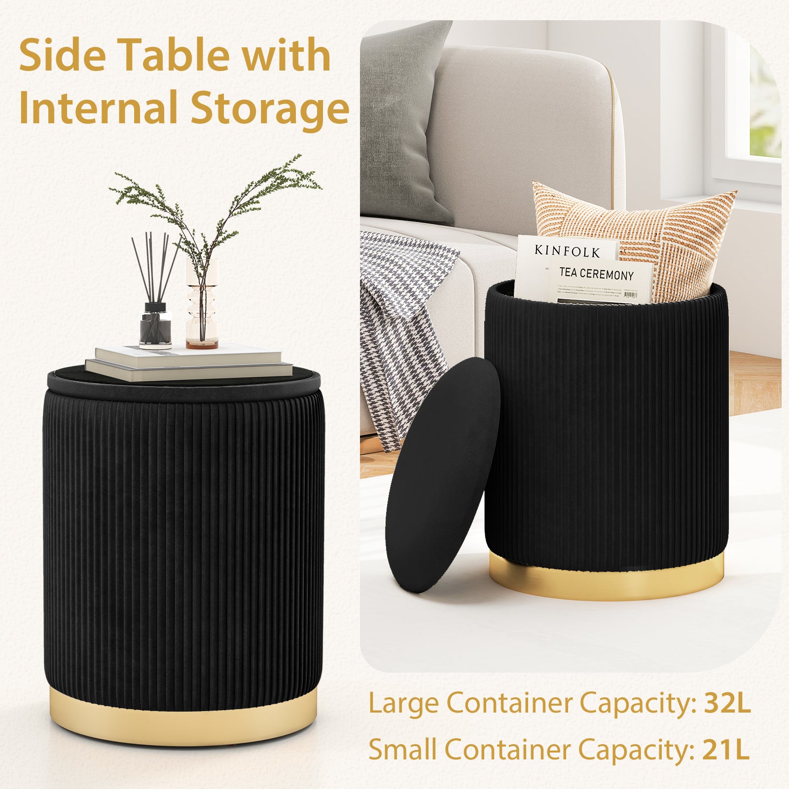 Velvet Storage Ottoman Set of 2 Modern Round Ottoman-Black
