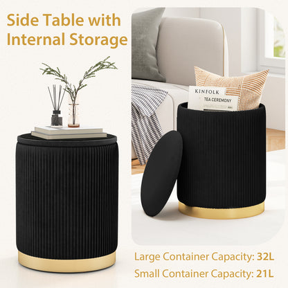 Velvet Storage Ottoman Set of 2 Modern Round Ottoman-Black
