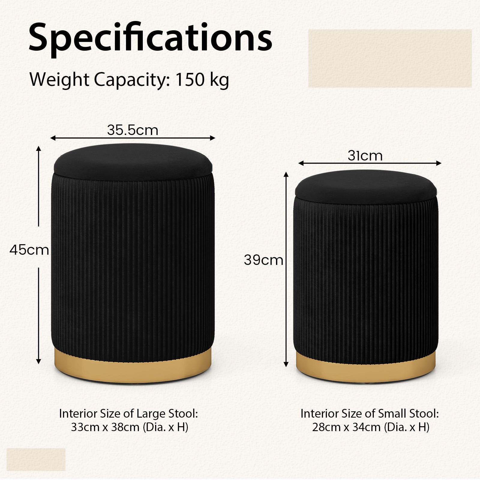 Velvet Storage Ottoman Set of 2 Modern Round Ottoman-Black