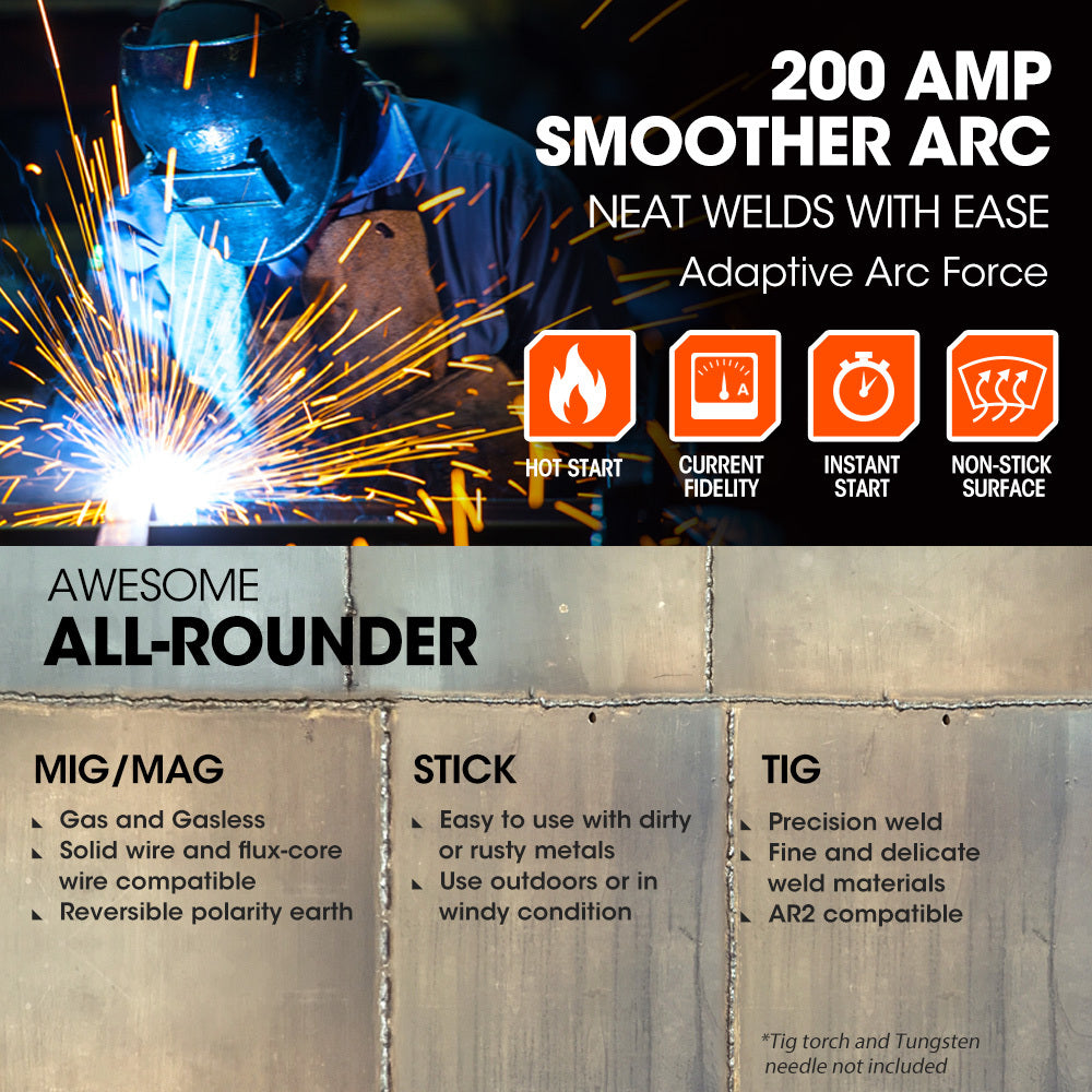 4-in-1 200A DC Inverter Welder with Adjustable Current and SYN-WELD Tech