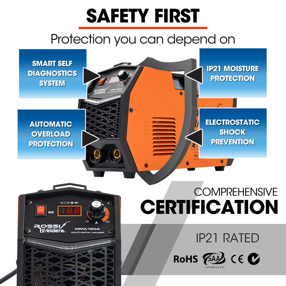 160A Multi-Metal Gasless Welder with IGBT Inverter and DCEP, 5.5 kg, 15A Plug