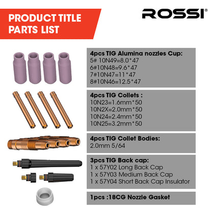 16-Piece TIG Torch Consumables Kit for WP-17/18/26 - Nozzles & Collets Included
