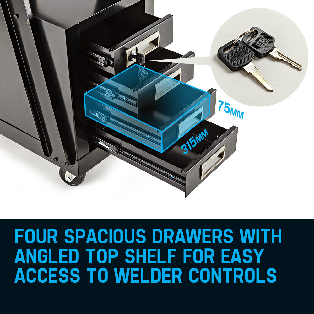 Welding Trolley Cart with Drawers and Wheels, 0.38m Rear Wheels, 95kg Capacity