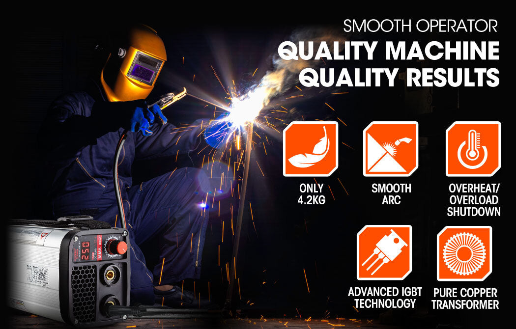 250 Amp Ultra-Portable iGBT MMA ARC Welder, DC Inverter, 4kg, 0.04m Rod Capacity
