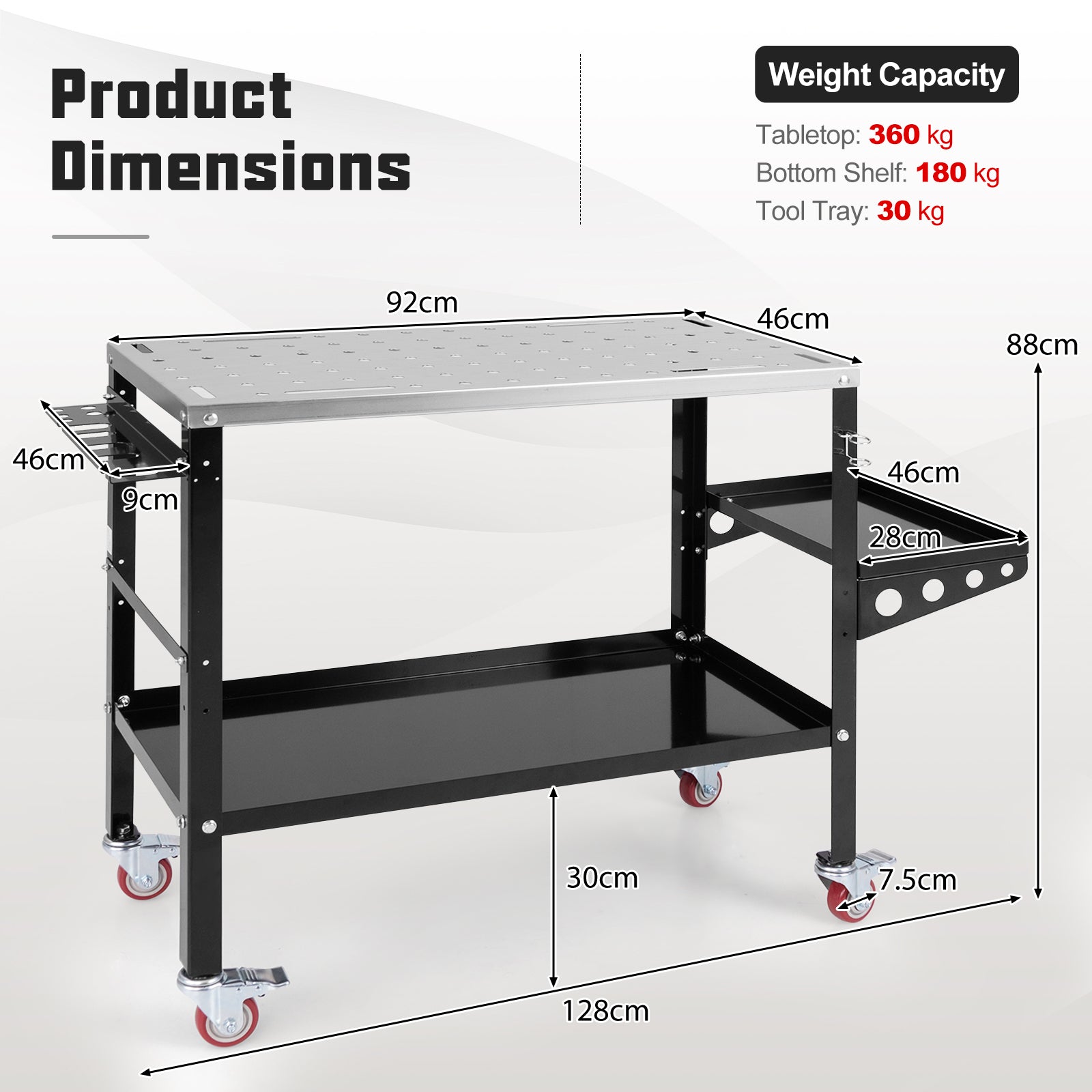 92cm x 46cm Welding Table with Tool Rack and Tray-Black