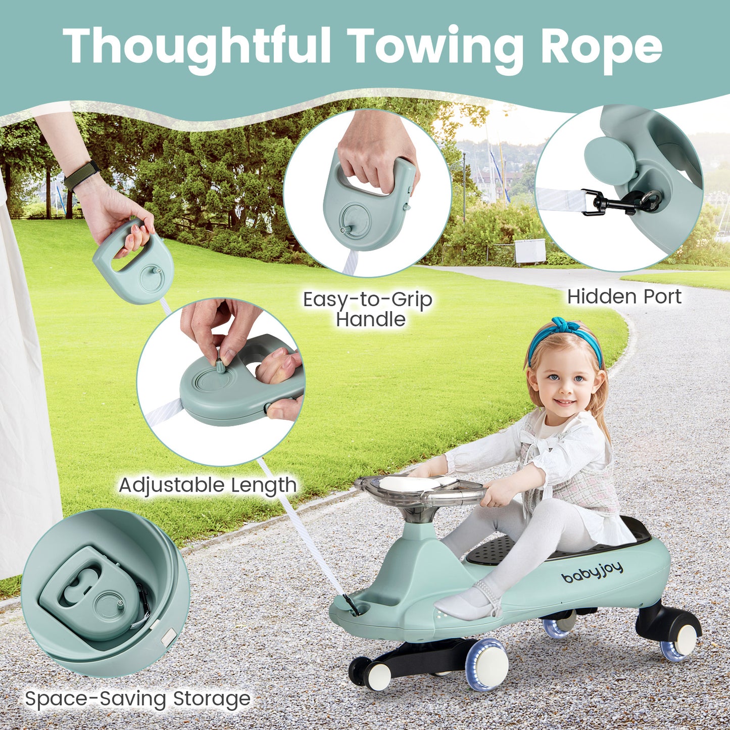 Wiggle Car with Hauling Rope and Under-Seat Storage-Green