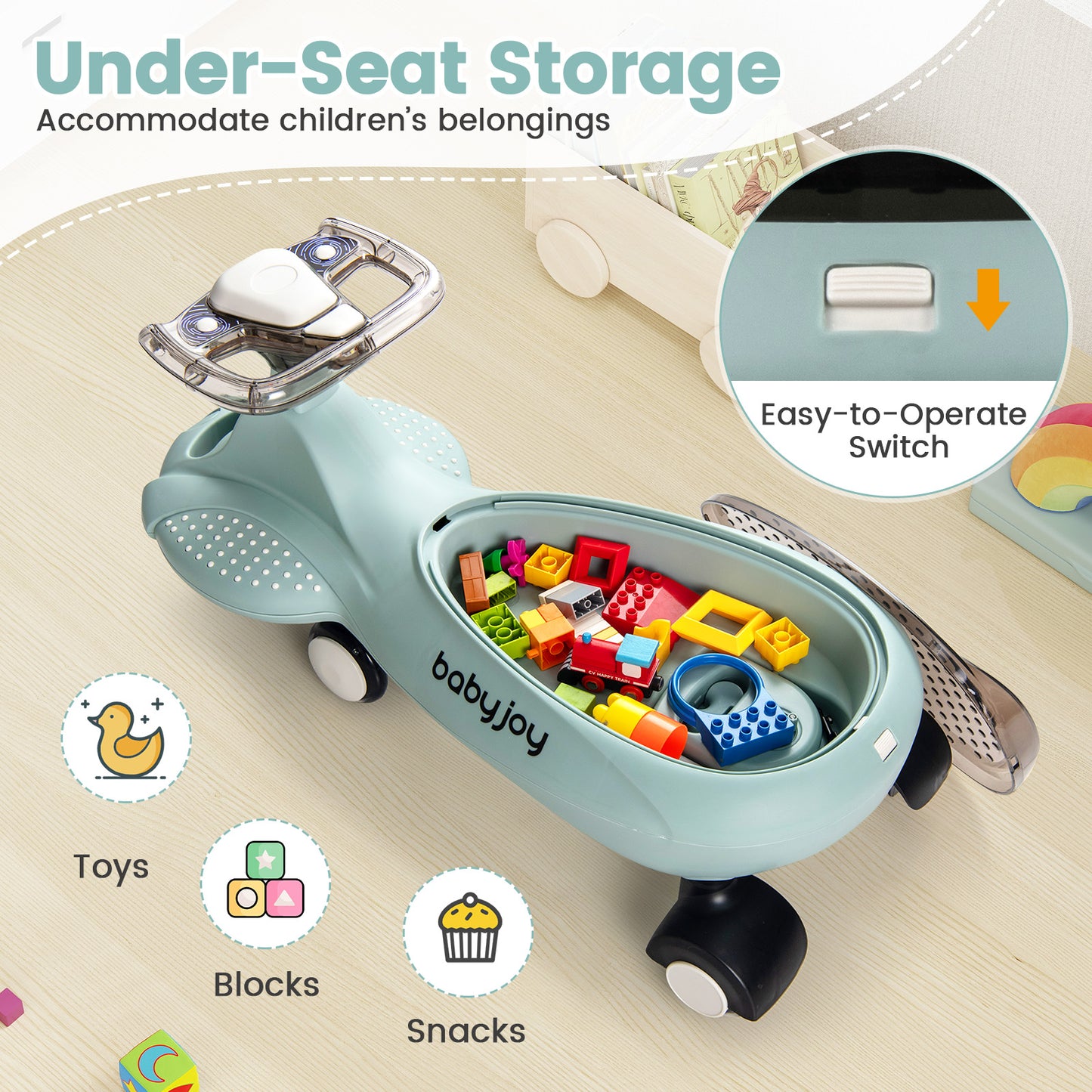 Wiggle Car with Hauling Rope and Under-Seat Storage-Green