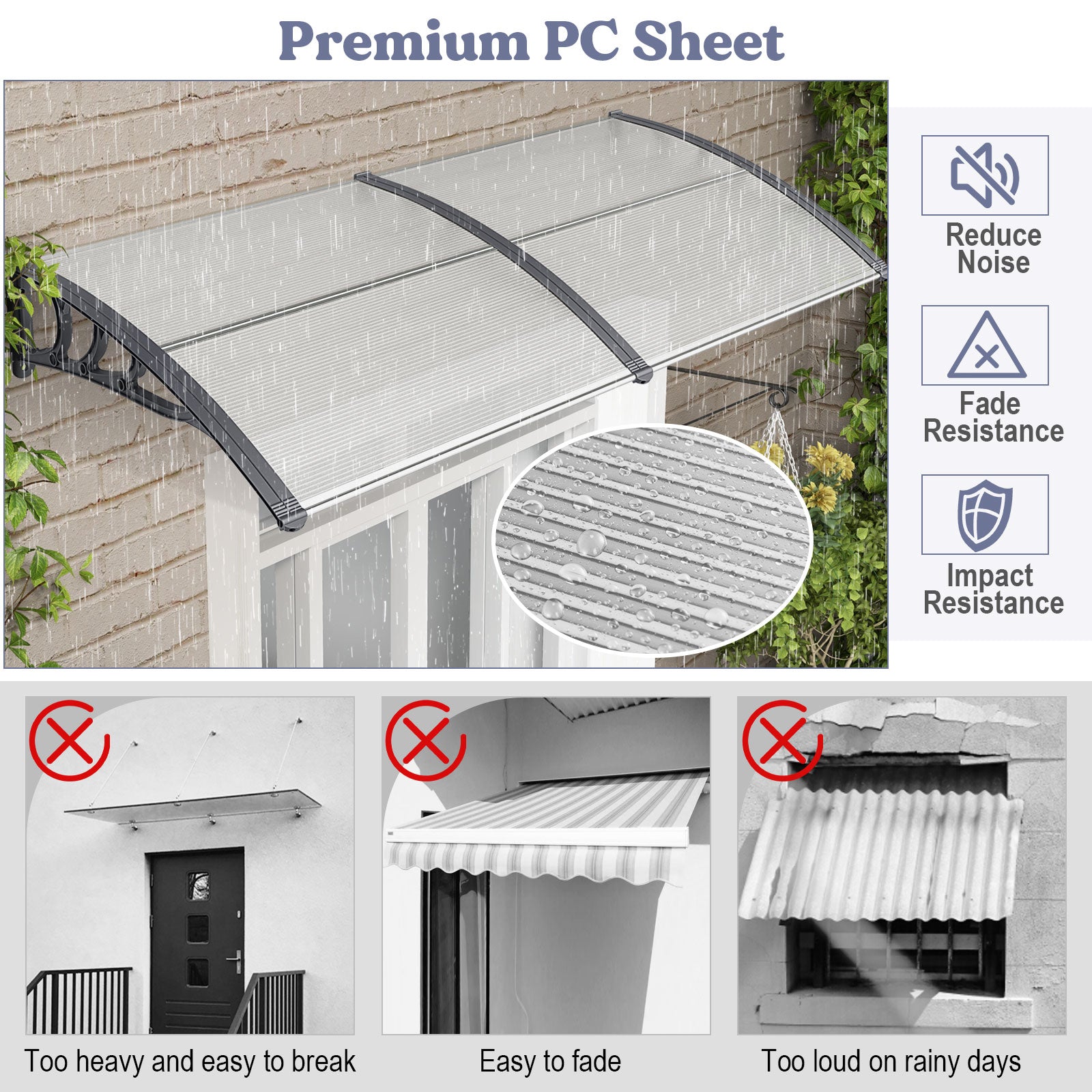 Window Awning Door Canopy Exterior Outdoor Patio Awning Canopy-Grey