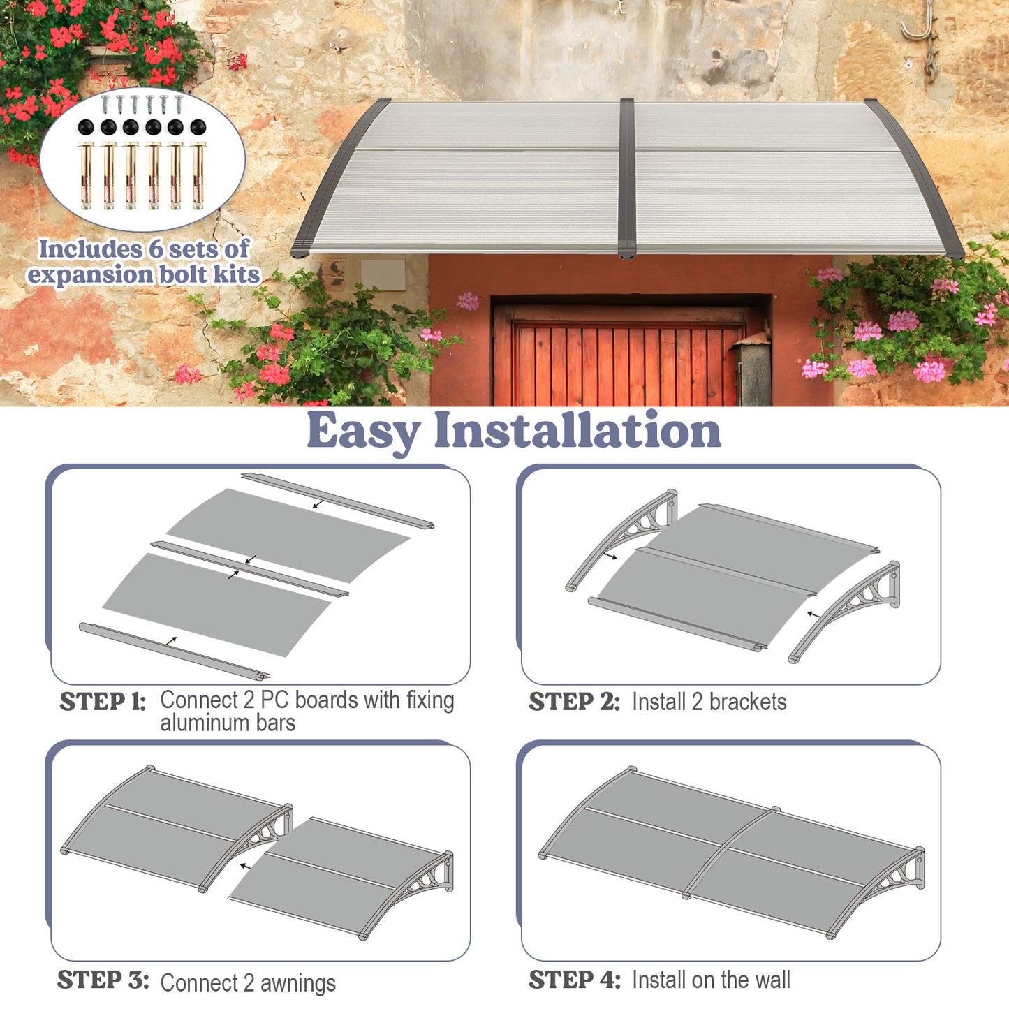 Window Awning Door Canopy Exterior Outdoor Patio Awning Canopy-Grey