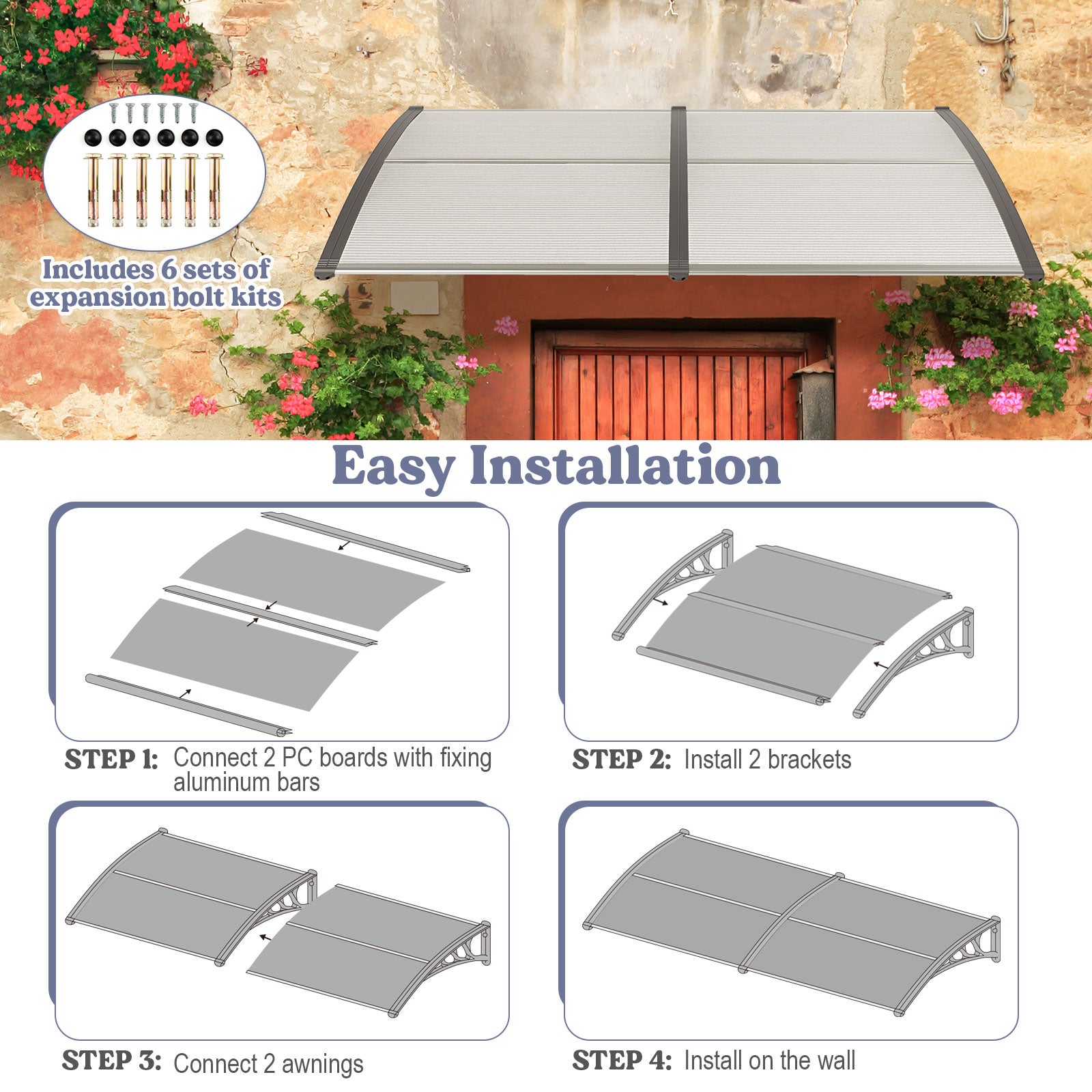 Window Awning Door Canopy Exterior Outdoor Patio Awning Canopy-Grey
