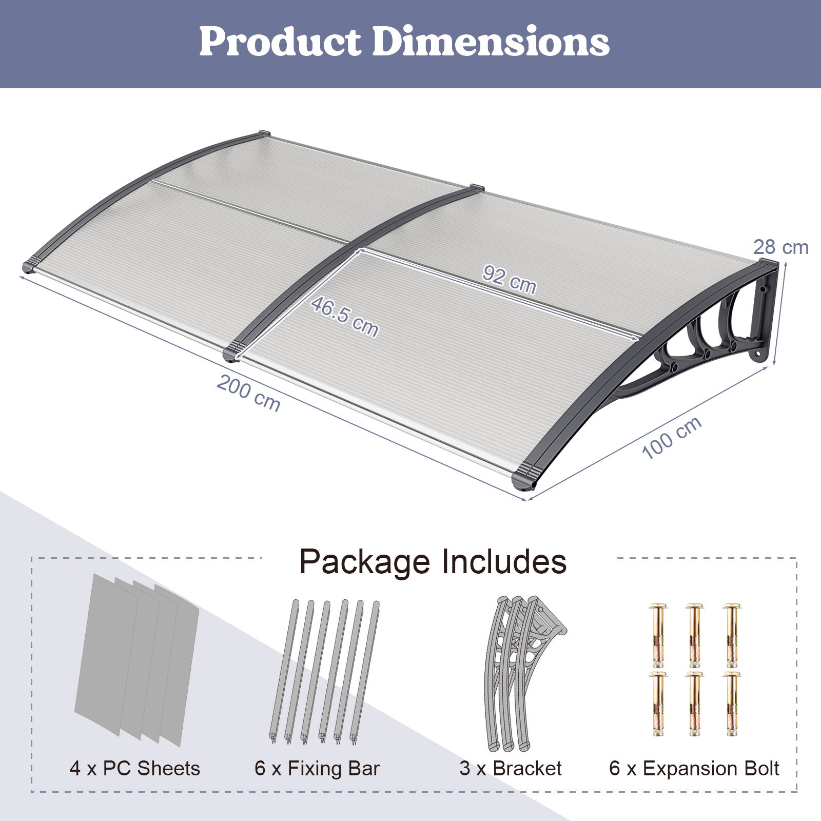 Window Awning Door Canopy Exterior Outdoor Patio Awning Canopy-Grey