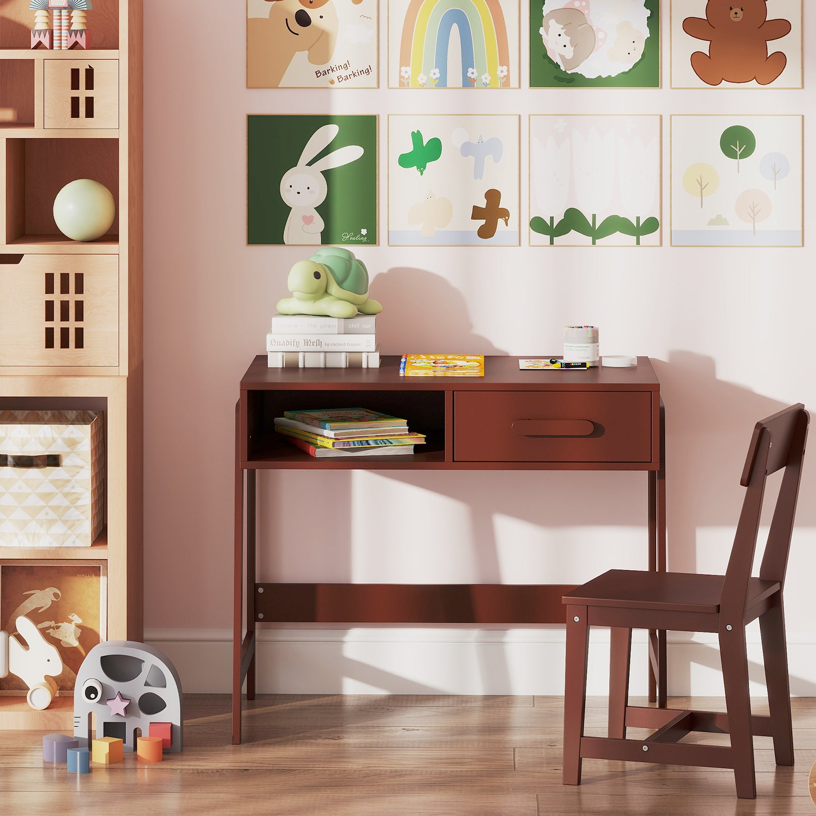 Wooden Children Study Table and Chair Set with Storage Drawer and Hutch-Brown