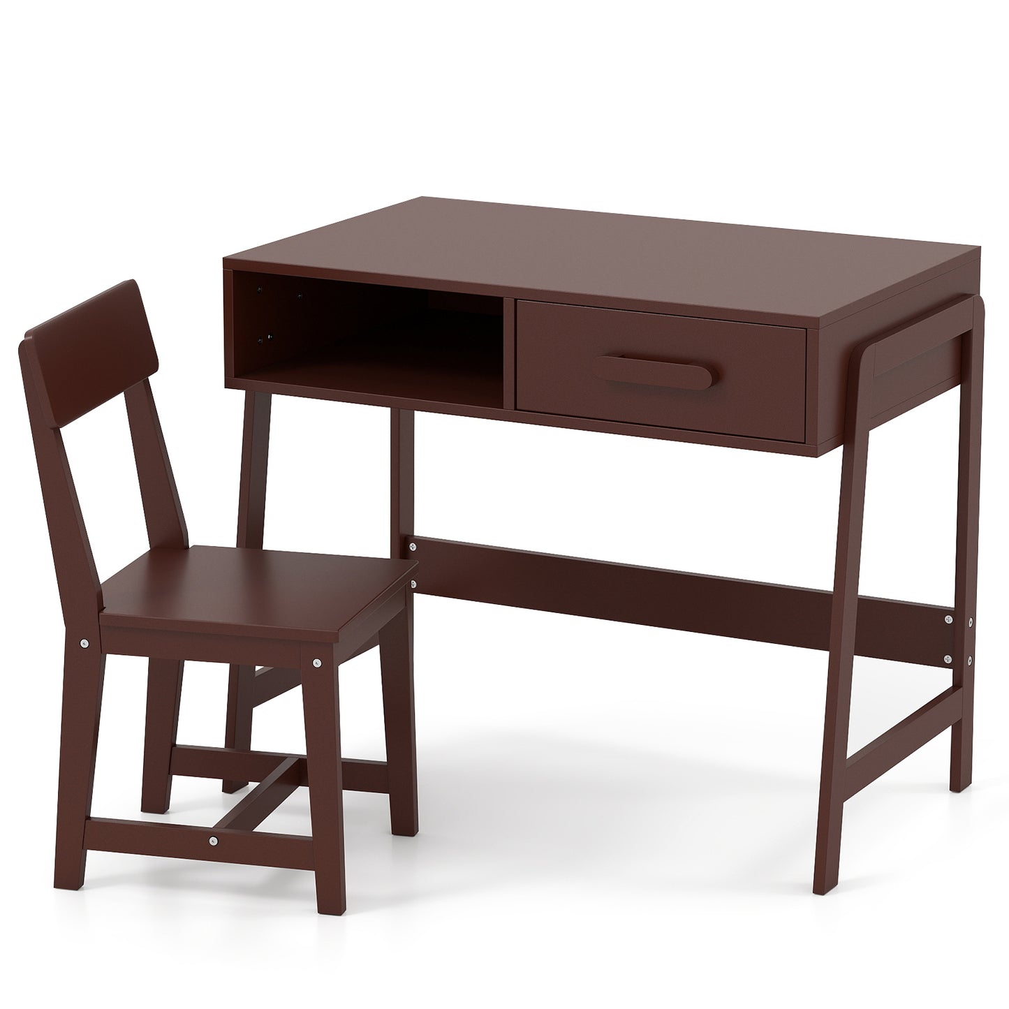 Wooden Children Study Table and Chair Set with Storage Drawer and Hutch-Brown