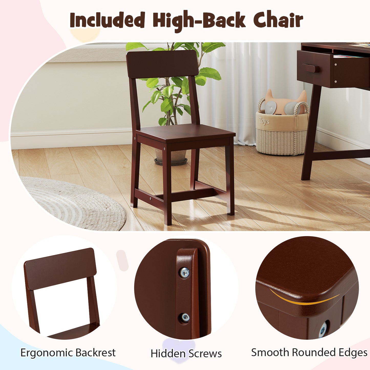 Wooden Children Study Table and Chair Set with Storage Drawer and Hutch-Brown