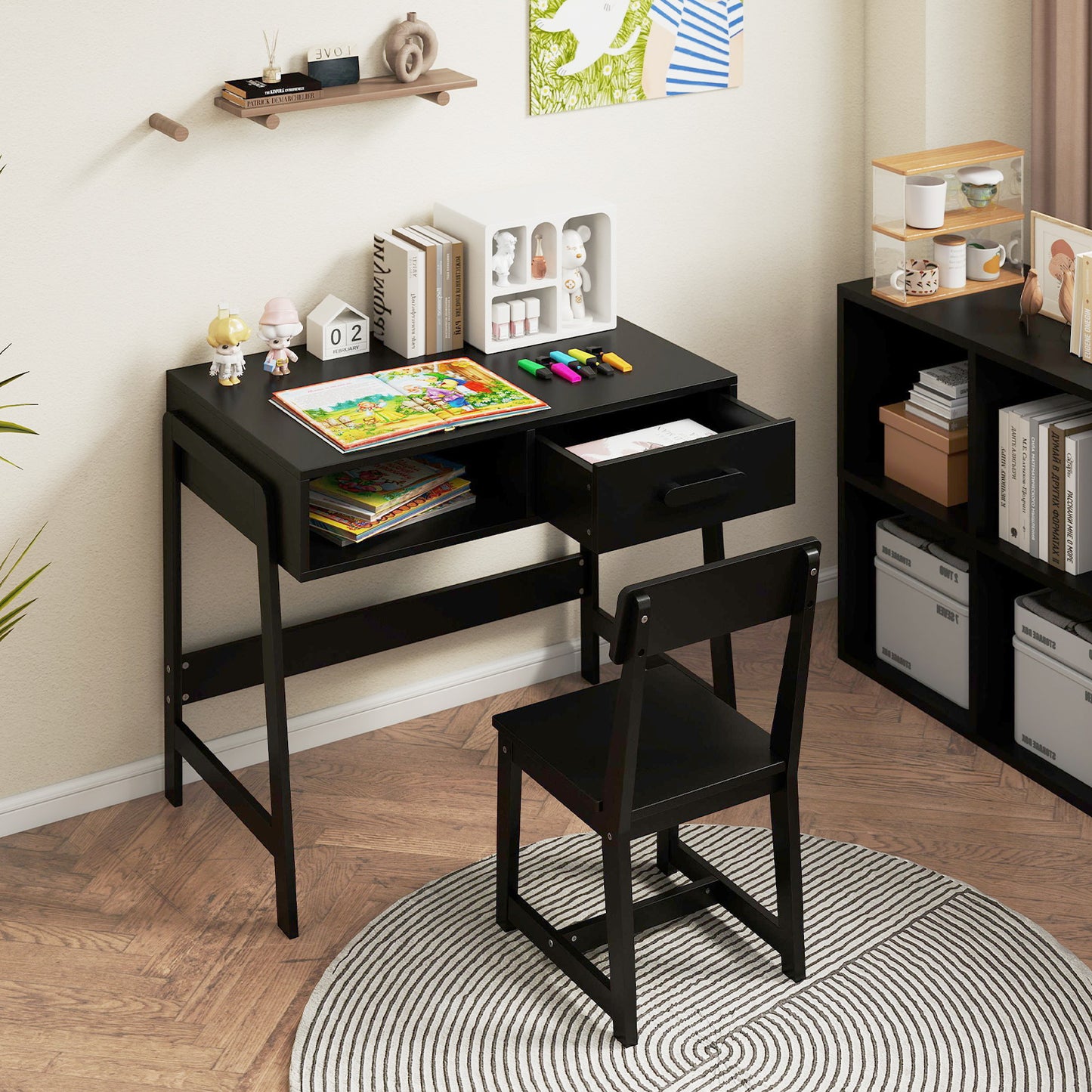 Wooden Children Study Table and Chair Set with Storage Drawer and Hutch-Black