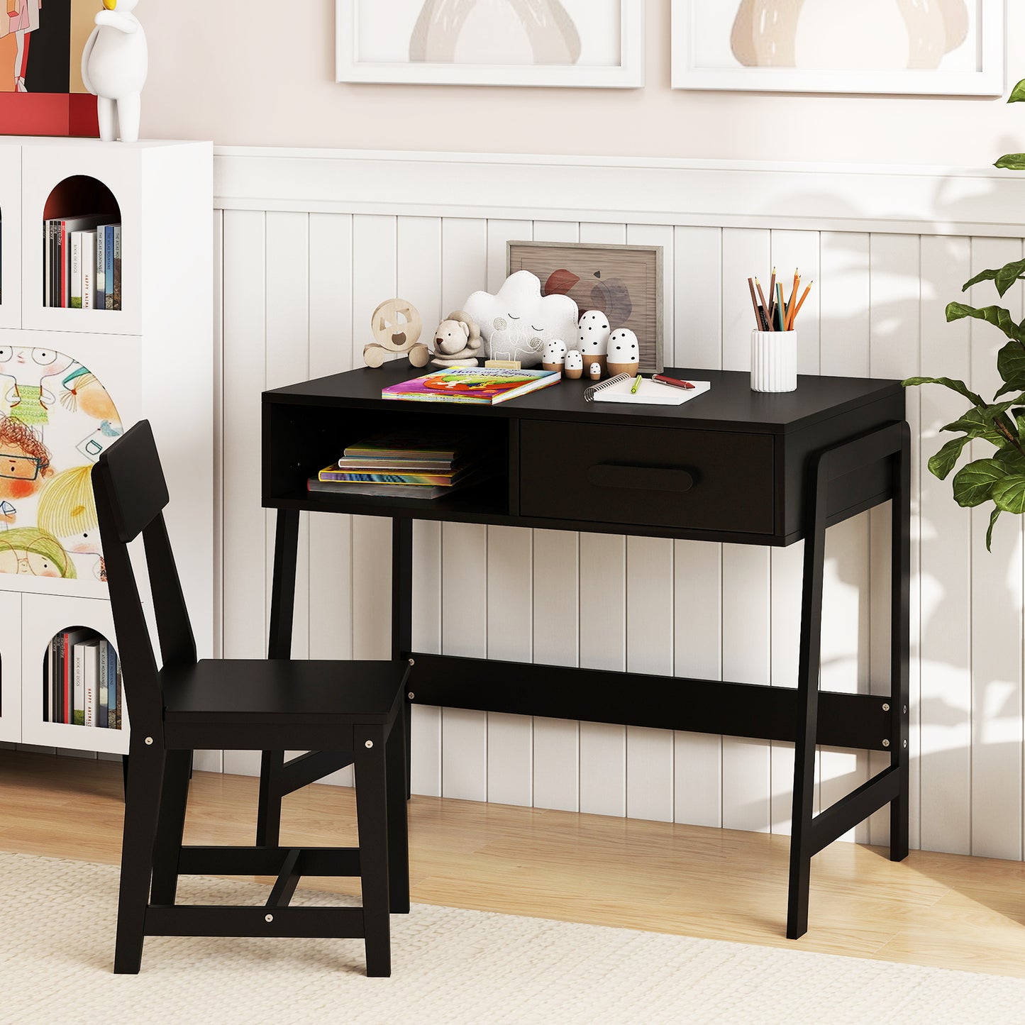 Wooden Children Study Table and Chair Set with Storage Drawer and Hutch-Black