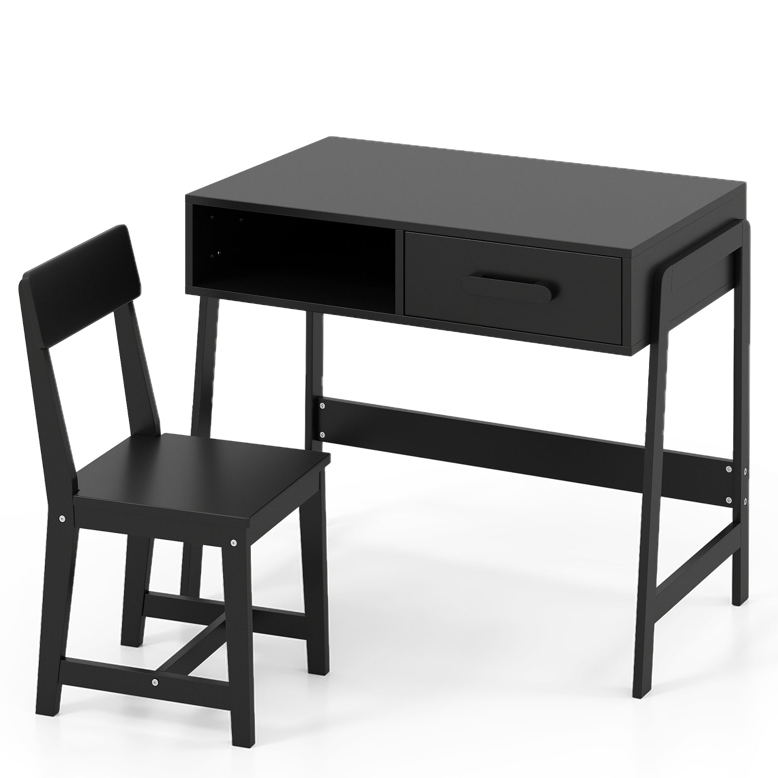 Wooden Children Study Table and Chair Set with Storage Drawer and Hutch-Black