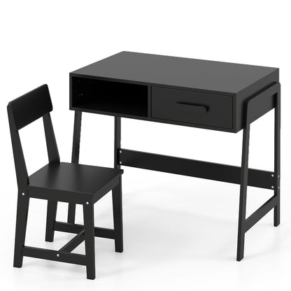 Wooden Children Study Table and Chair Set with Storage Drawer and Hutch-Black