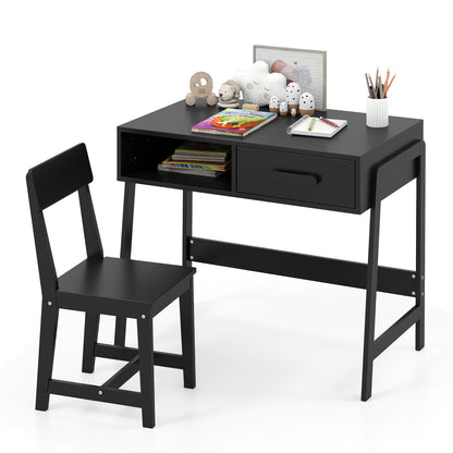 Wooden Children Study Table and Chair Set with Storage Drawer and Hutch-Black
