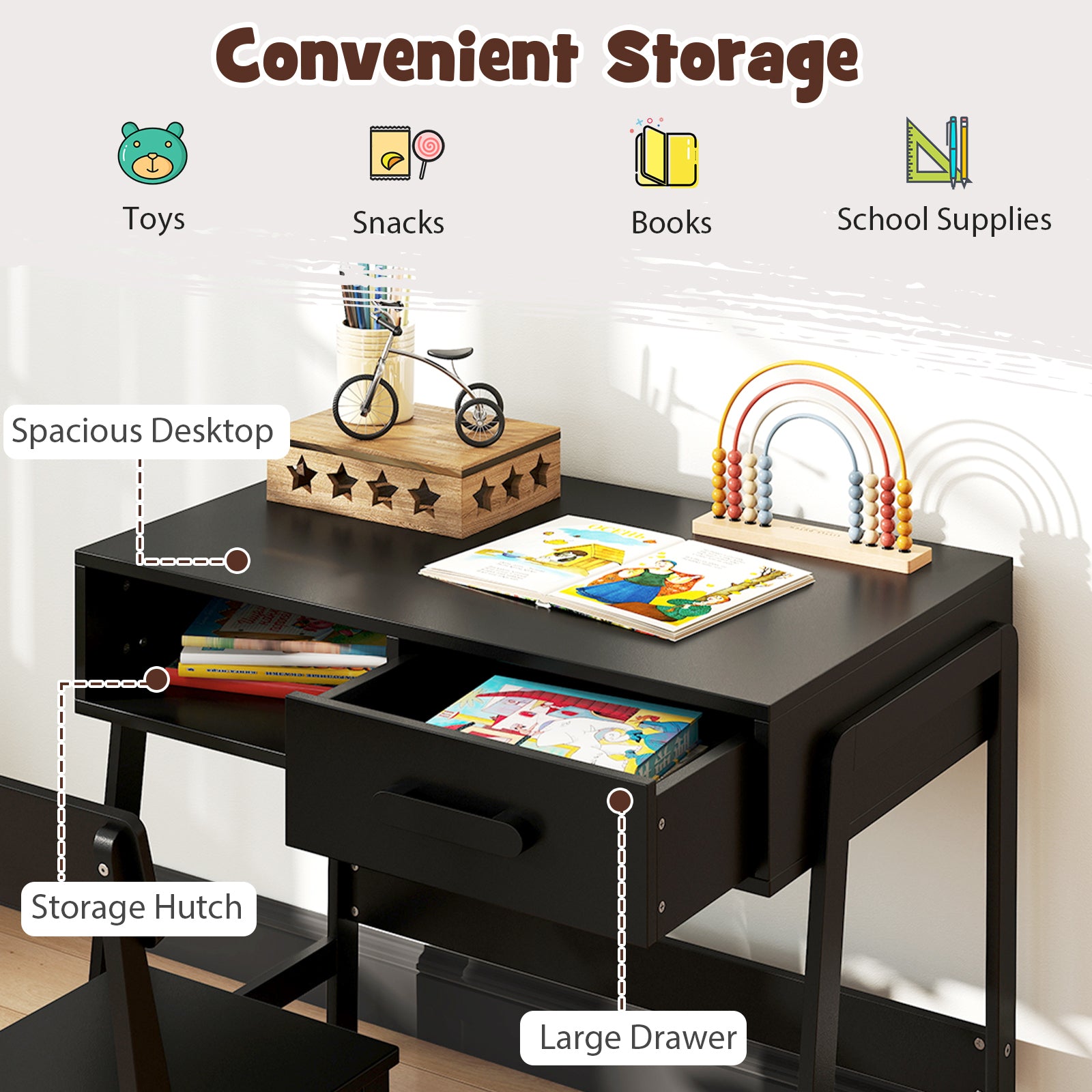 Wooden Children Study Table and Chair Set with Storage Drawer and Hutch-Black