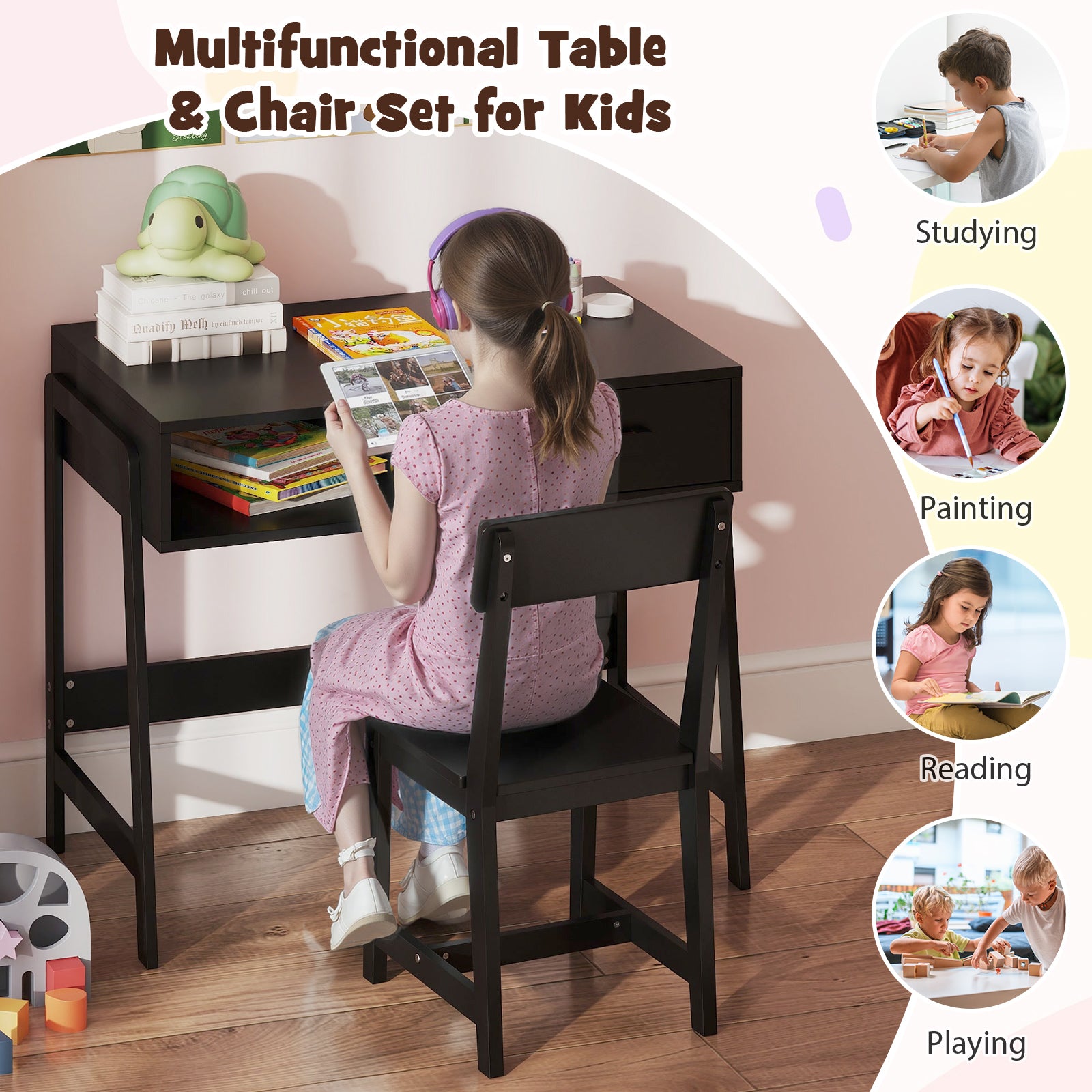 Wooden Children Study Table and Chair Set with Storage Drawer and Hutch-Black