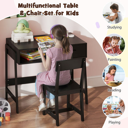Wooden Children Study Table and Chair Set with Storage Drawer and Hutch-Black