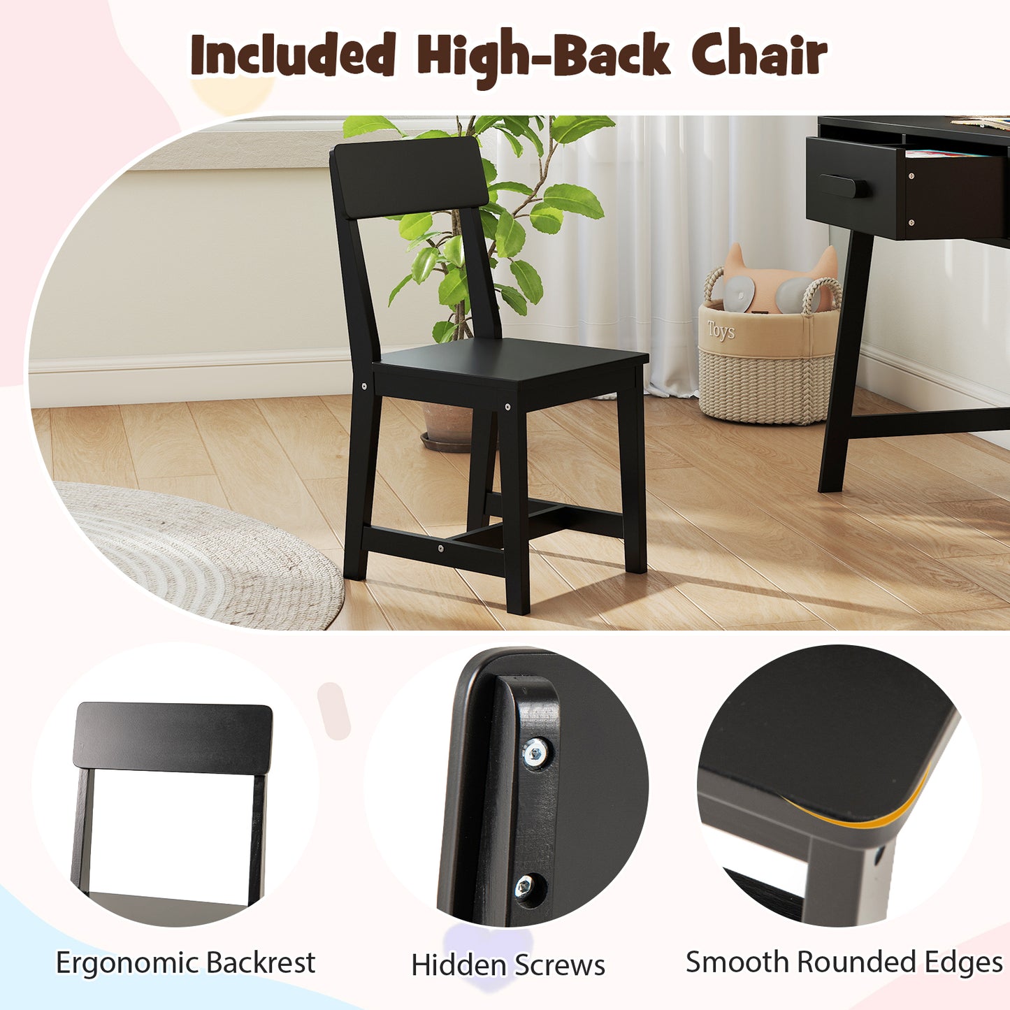 Wooden Children Study Table and Chair Set with Storage Drawer and Hutch-Black