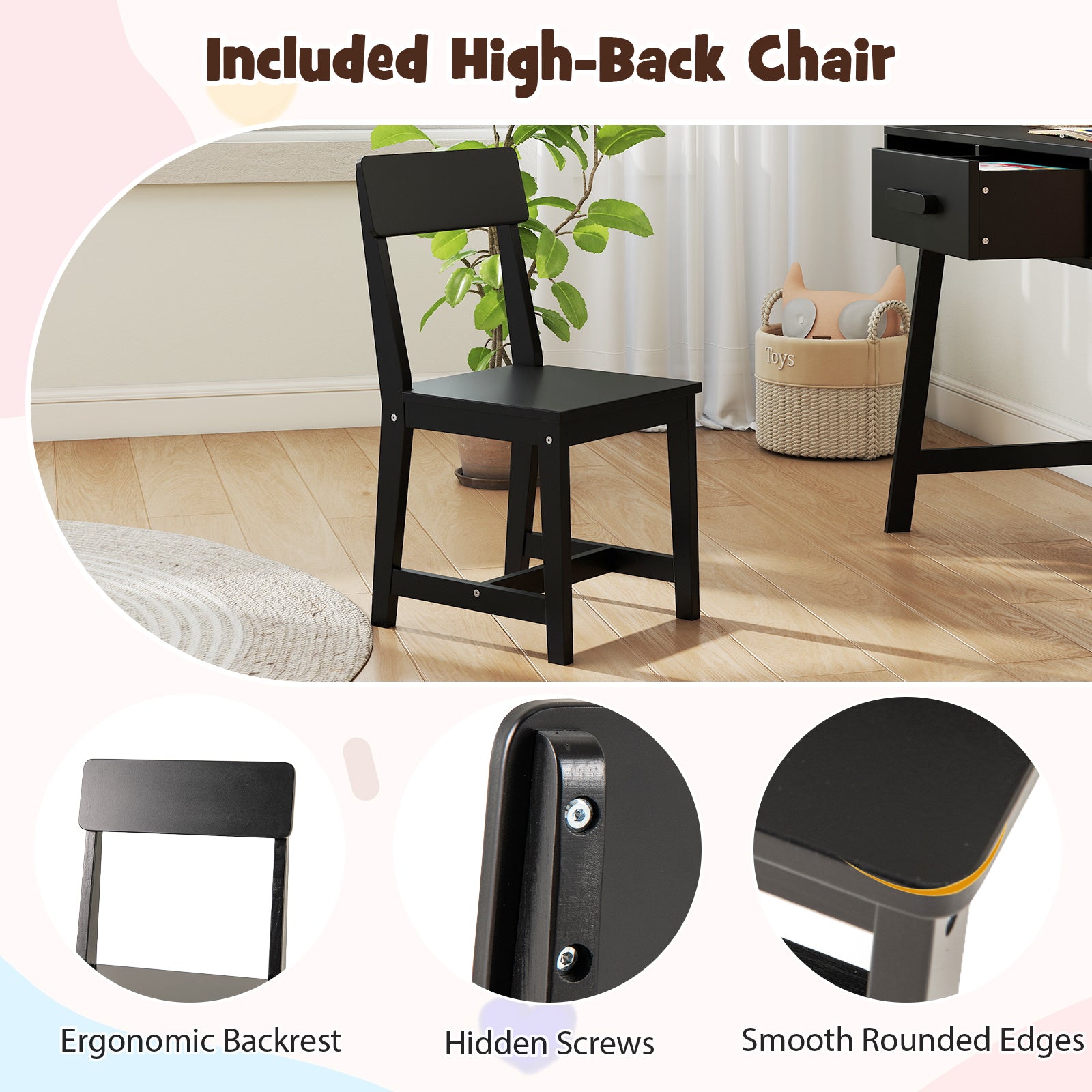 Wooden Children Study Table and Chair Set with Storage Drawer and Hutch-Black