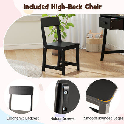 Wooden Children Study Table and Chair Set with Storage Drawer and Hutch-Black
